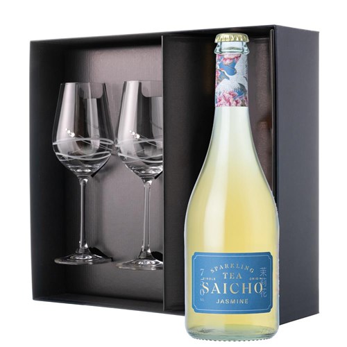 This luxurious gift set is the perfect choice for those who appreciate fine sparkling wine and refined glassware. Featuring a bottle of Saicho Jasmine Sparkling Tea 75cl paired with two exquisite Venezia Glasses adorned with Swarovski Crystals, this set is beautifully presente